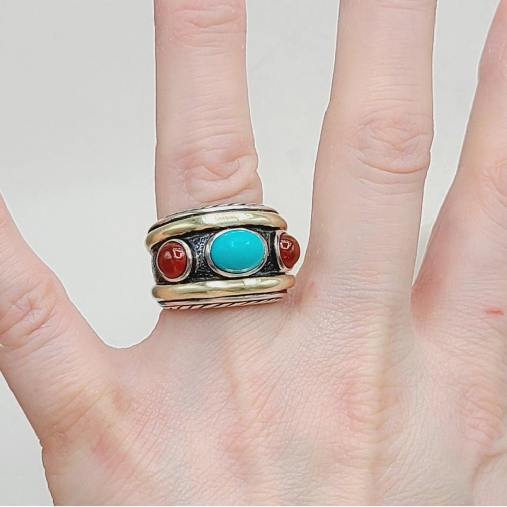 David Yurman Renaissance Ring With Turquoise Carnelian And Gold - Picture 6 of 12
